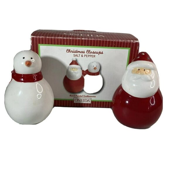 Oneida Christmas Closeups Santa & Snowman Salt Pepper Shakers 3.5 “ w/ Box - Picture 1 of 9